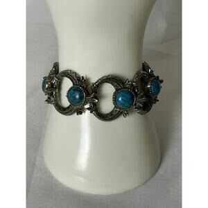 Southwestern Style Silver Tone Faux Turquoise Panel Bracelet By Art